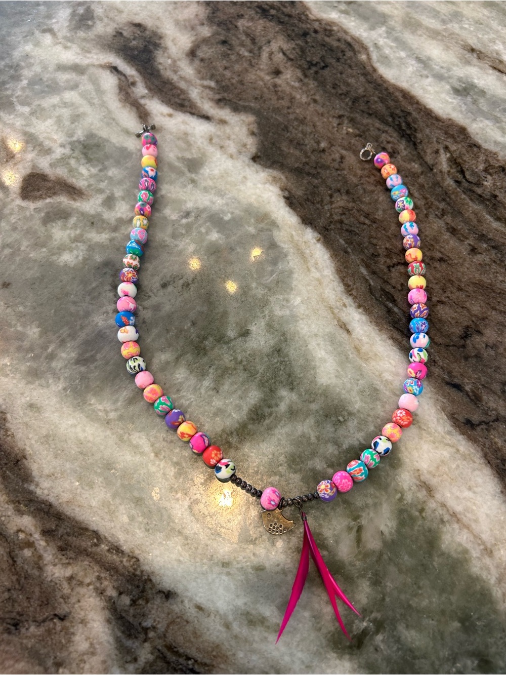 Colorful Multicolor Beaded Necklace with bird charm  like new condition boho